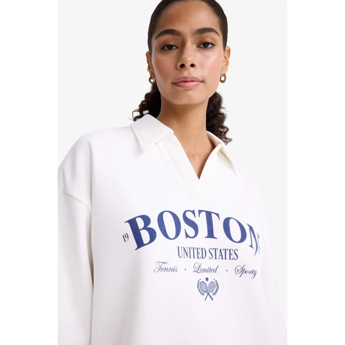 Defacto F1064AXER105 Ekru Relax Fit Polo Yaka Baskılı Kalın Sweatshirt