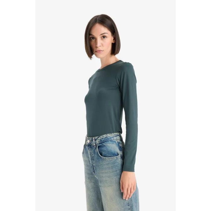 Defacto D3756AXGN536 Yeşil Slim Fit Dar Kesim Bisiklet Yaka Basic Düz Uzun Kollu Tişört