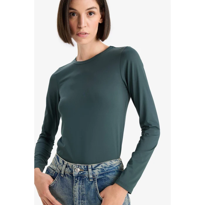 Defacto D3756AXGN536 Yeşil Slim Fit Dar Kesim Bisiklet Yaka Basic Düz Uzun Kollu Tişört