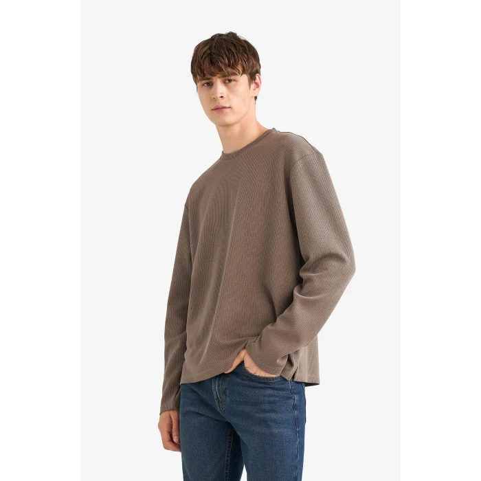 Defacto E8439 Kahve Regular Fit Bisiklet Yaka Triko Görünümlü Uzun Kollu Tişört