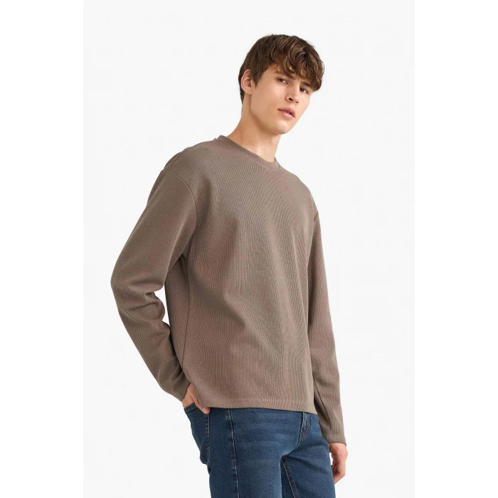 Defacto E8439 Kahve Regular Fit Bisiklet Yaka Triko Görünümlü Uzun Kollu Tişört