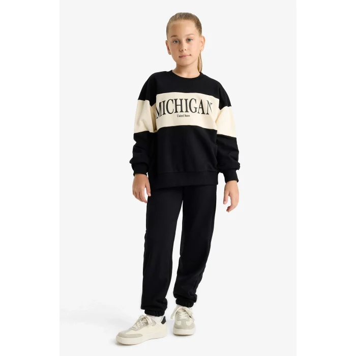 Defacto E6418A8BK81 Siyah Kız Çocuk 2li Takım Baskılı Sweatshirt Eşofman Altı