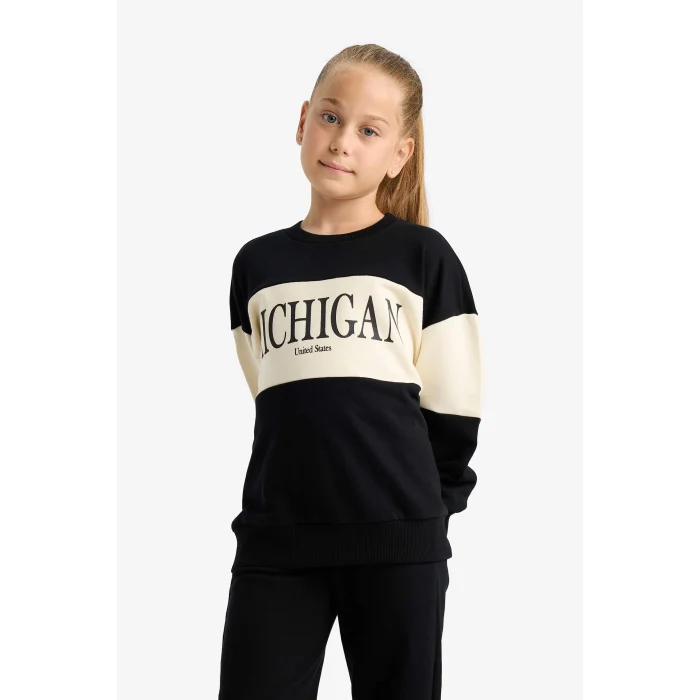 Defacto E6418A8BK81 Siyah Kız Çocuk 2li Takım Baskılı Sweatshirt Eşofman Altı