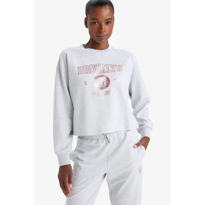 Defacto E8863AXGR421 Gri DeFactoFit NBA Brooklyn Nets Bisiklet Yaka Sporcu Sweatshirt