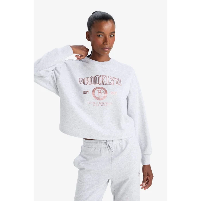 Defacto E8863AXGR421 Gri DeFactoFit NBA Brooklyn Nets Bisiklet Yaka Sporcu Sweatshirt