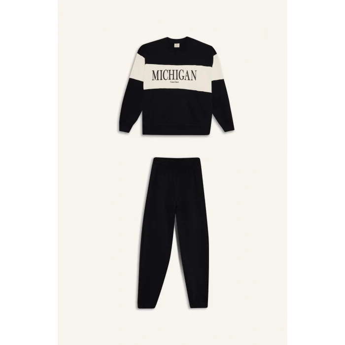 Defacto E6418A8BK81 Siyah Kız Çocuk 2li Takım Baskılı Sweatshirt Eşofman Altı