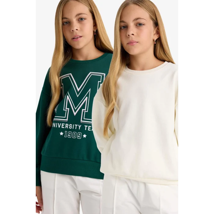 Defacto E6474A8ER105 Ekru Kız Çocuk Okul Relax Fit Bisiklet Yaka Baskılı 2li Sweatshirt