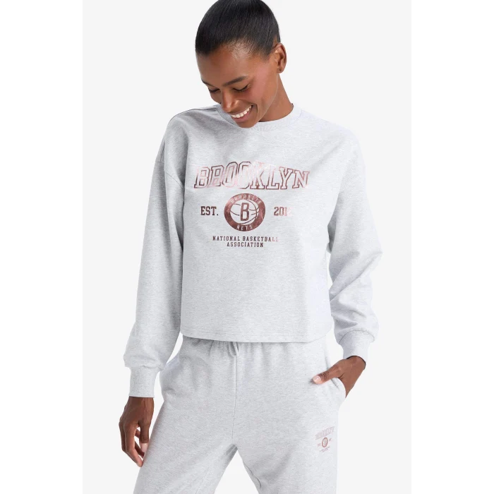 Defacto E8863AXGR421 Gri DeFactoFit NBA Brooklyn Nets Bisiklet Yaka Sporcu Sweatshirt