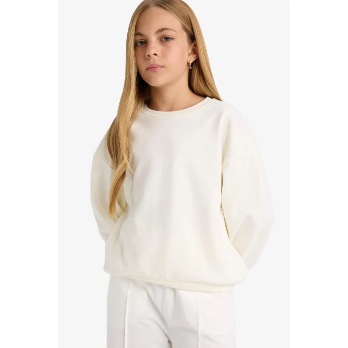 Defacto E6474A8ER105 Ekru Kız Çocuk Okul Relax Fit Bisiklet Yaka Baskılı 2li Sweatshirt
