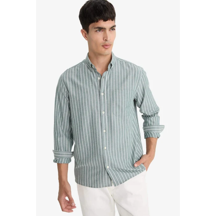 Defacto E7840AXGN1155 Yeşil Regular Fit Polo Yaka Dokuma Uzun Kollu Çizgili Gömlek