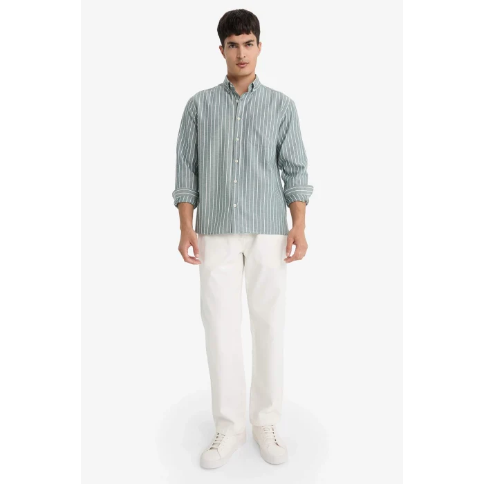 Defacto E7840AXGN1155 Yeşil Regular Fit Polo Yaka Dokuma Uzun Kollu Çizgili Gömlek