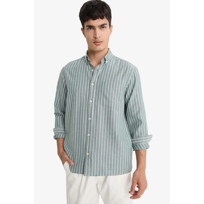 Defacto E7840AXGN1155 Yeşil Regular Fit Polo Yaka Dokuma Uzun Kollu Çizgili Gömlek