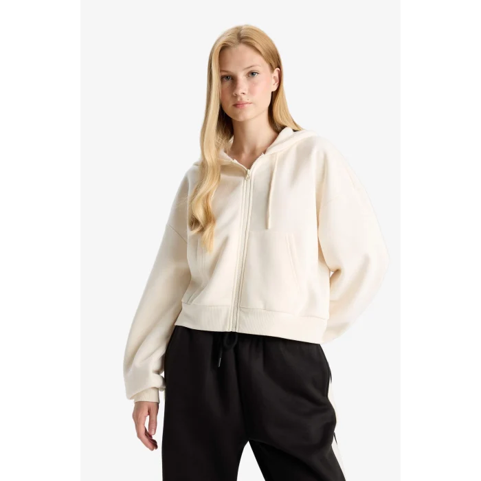 Defacto Z7069AZWT32 Beyaz Coool Cropped Fit Kapüşonlu Kalın Fermuarlı Sweatshirt