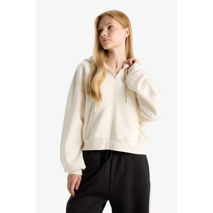 Defacto Z7069AZWT32 Beyaz Coool Cropped Fit Kapüşonlu Kalın Fermuarlı Sweatshirt
