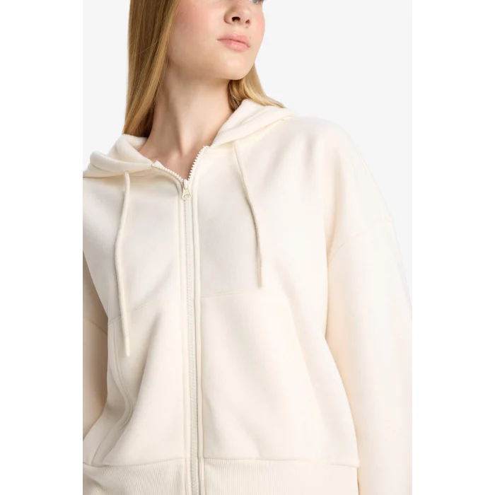 Defacto Z7069AZWT32 Beyaz Coool Cropped Fit Kapüşonlu Kalın Fermuarlı Sweatshirt