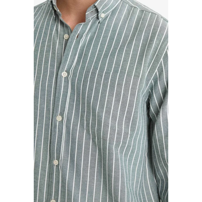 Defacto E7840AXGN1155 Yeşil Regular Fit Polo Yaka Dokuma Uzun Kollu Çizgili Gömlek