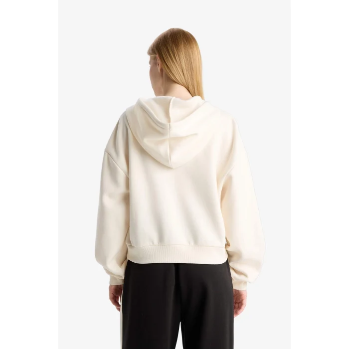 Defacto Z7069AZWT32 Beyaz Coool Cropped Fit Kapüşonlu Kalın Fermuarlı Sweatshirt