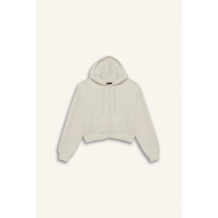 Defacto Z7069AZWT32 Beyaz Coool Cropped Fit Kapüşonlu Kalın Fermuarlı Sweatshirt