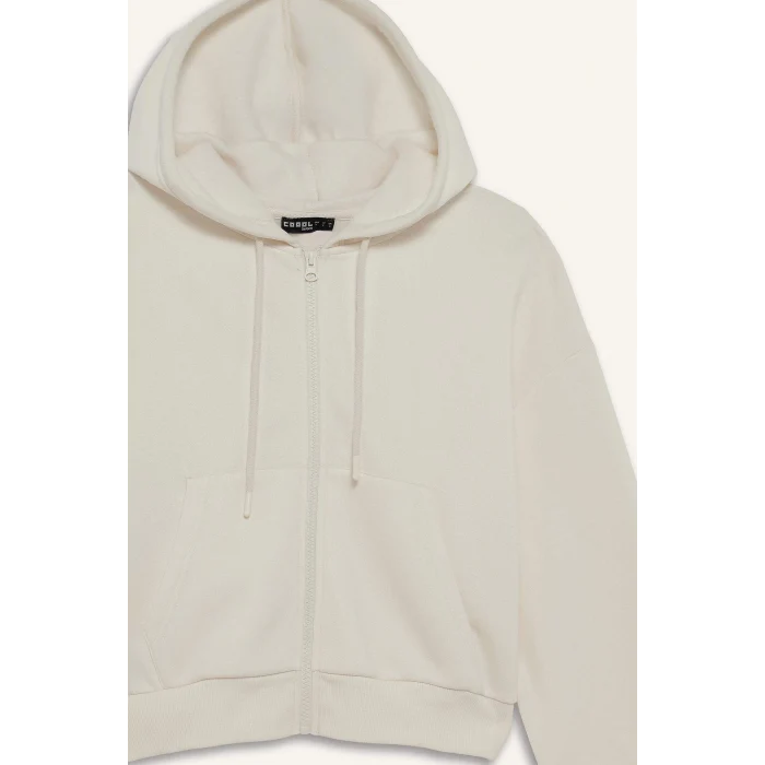 Defacto Z7069AZWT32 Beyaz Coool Cropped Fit Kapüşonlu Kalın Fermuarlı Sweatshirt