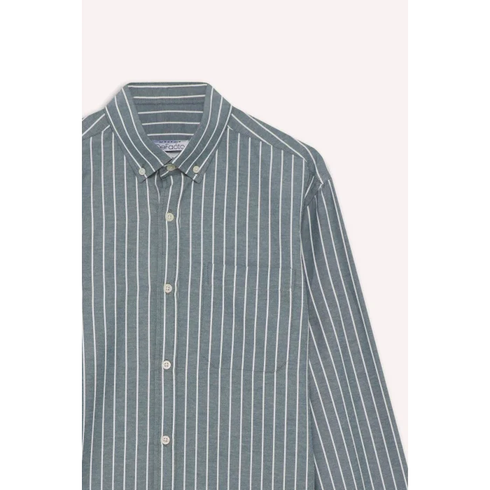 Defacto E7840AXGN1155 Yeşil Regular Fit Polo Yaka Dokuma Uzun Kollu Çizgili Gömlek