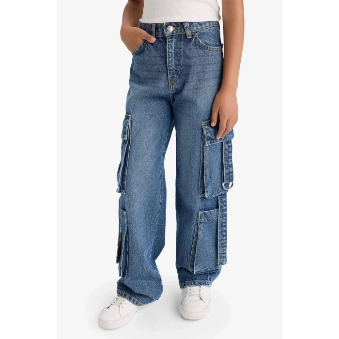 Defacto E6184A8NM28 Mavi Kız Çocuk Wide Leg Kargo Geniş Paça Jean Pantolon