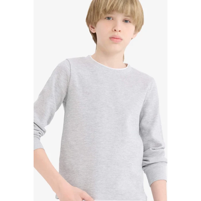 Defacto V1186A6GR210 Gri Erkek Çocuk Bisiklet Yaka Basic Düz Waffle Uzun Kollu Okul Tişörtü