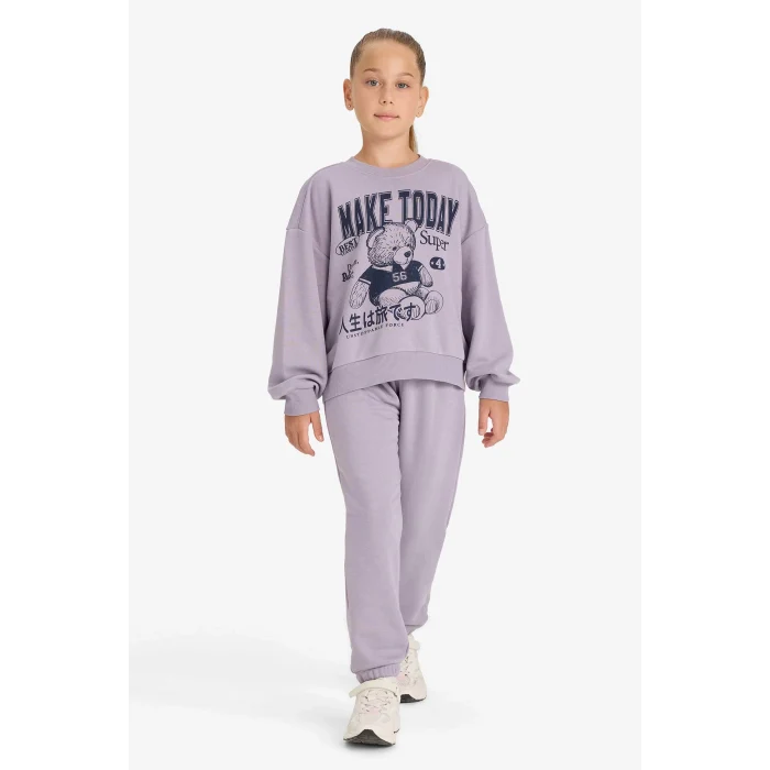 Defacto E6416A8PR314 Mor Kız Çocuk 2li Takım Baskılı Sweatshirt Eşofman Altı