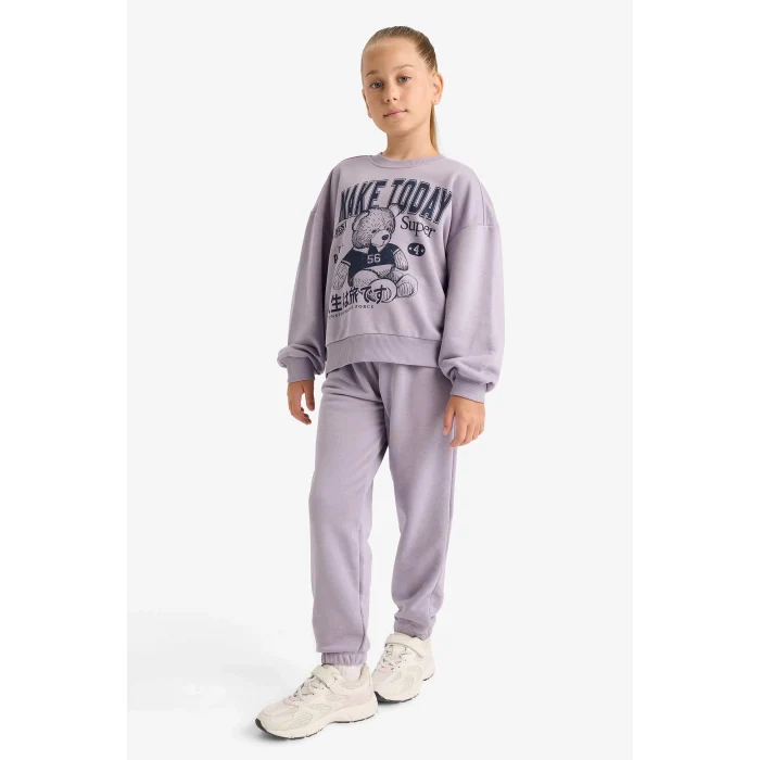 Defacto E6416A8PR314 Mor Kız Çocuk 2li Takım Baskılı Sweatshirt Eşofman Altı