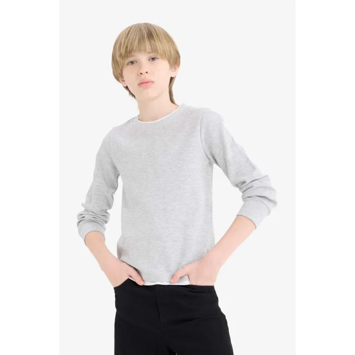 Defacto V1186A6GR210 Gri Erkek Çocuk Bisiklet Yaka Basic Düz Waffle Uzun Kollu Okul Tişörtü