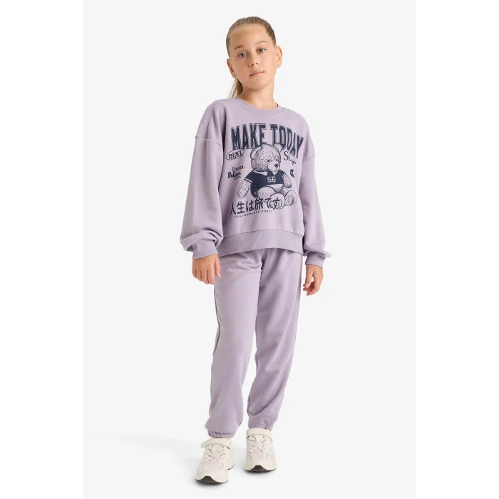 Defacto E6416A8PR314 Mor Kız Çocuk 2li Takım Baskılı Sweatshirt Eşofman Altı