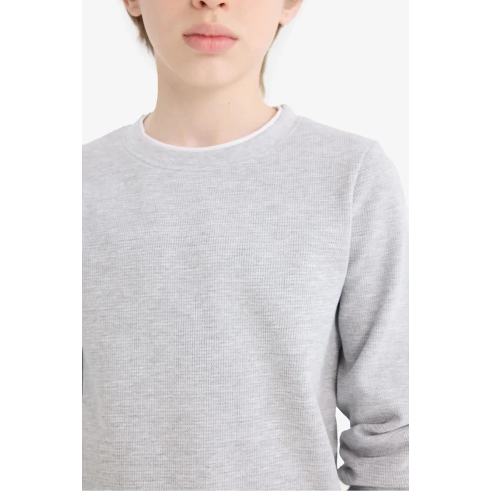 Defacto V1186A6GR210 Gri Erkek Çocuk Bisiklet Yaka Basic Düz Waffle Uzun Kollu Okul Tişörtü