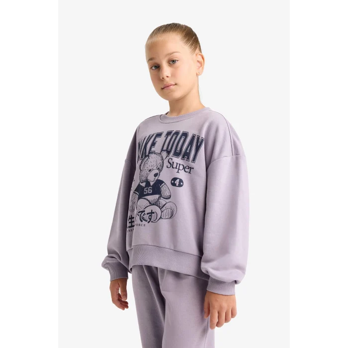 Defacto E6416A8PR314 Mor Kız Çocuk 2li Takım Baskılı Sweatshirt Eşofman Altı