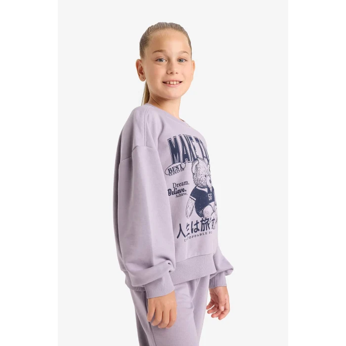 Defacto E6416A8PR314 Mor Kız Çocuk 2li Takım Baskılı Sweatshirt Eşofman Altı