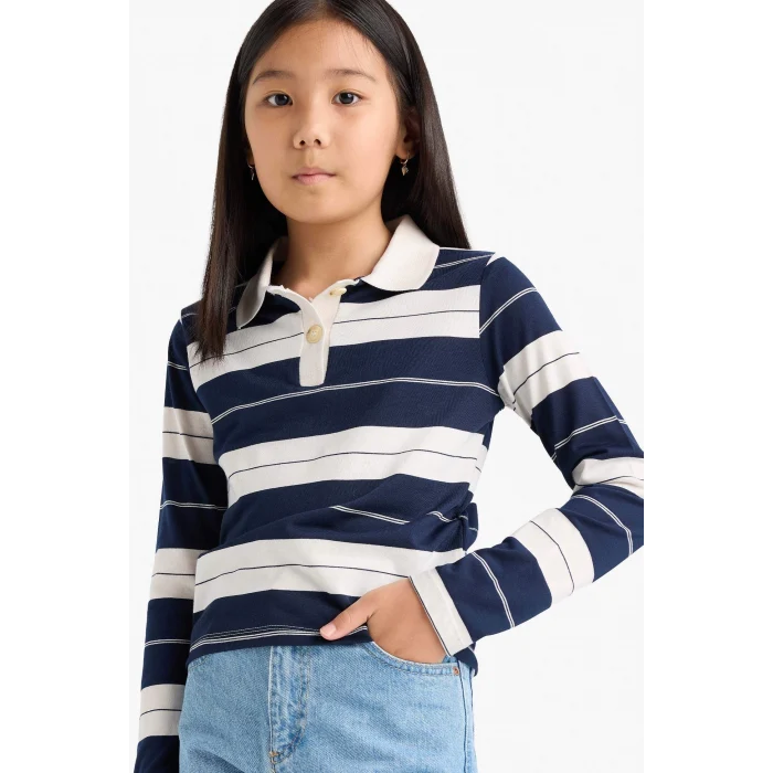 Defacto F2253A8NV42 Lacivert Kız Çocuk Fitted Polo Yaka Çizgili Uzun Kollu Tişört