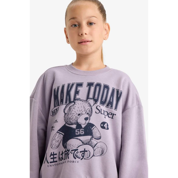 Defacto E6416A8PR314 Mor Kız Çocuk 2li Takım Baskılı Sweatshirt Eşofman Altı