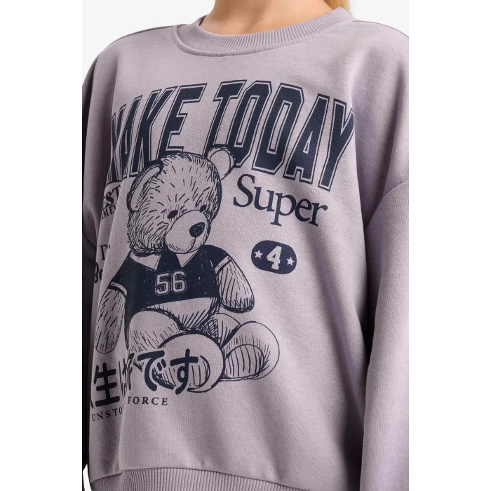 Defacto E6416A8PR314 Mor Kız Çocuk 2li Takım Baskılı Sweatshirt Eşofman Altı