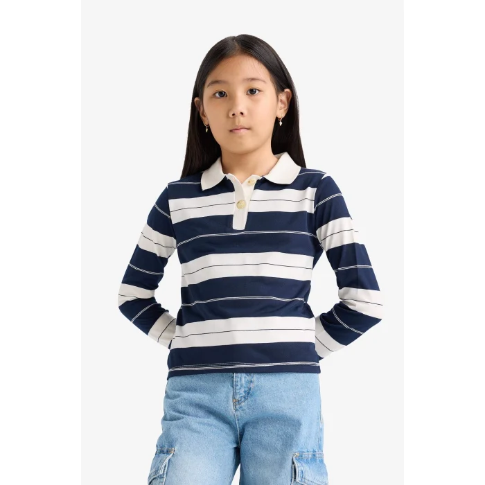 Defacto F2253A8NV42 Lacivert Kız Çocuk Fitted Polo Yaka Çizgili Uzun Kollu Tişört