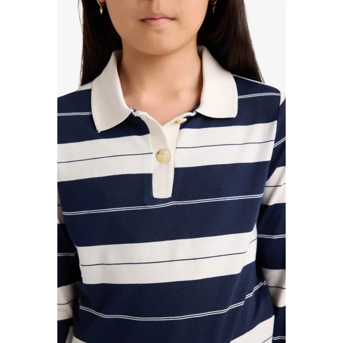 Defacto F2253A8NV42 Lacivert Kız Çocuk Fitted Polo Yaka Çizgili Uzun Kollu Tişört