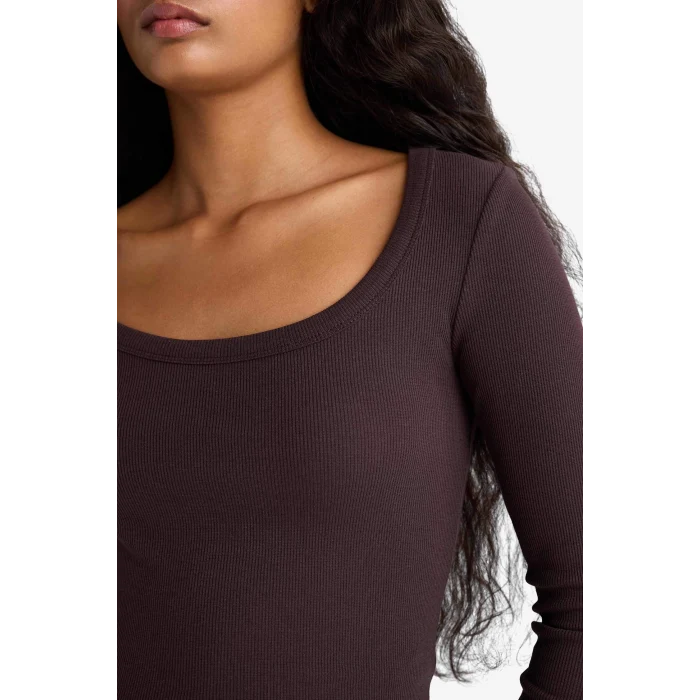 Defacto E5768AXBN340 Kahve Slim Fit Dar Kesim Yuvarlak Yaka Basic Düz Fitilli Kaşkorse Uzun Kollu Tişört