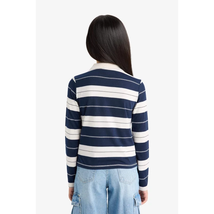 Defacto F2253A8NV42 Lacivert Kız Çocuk Fitted Polo Yaka Çizgili Uzun Kollu Tişört