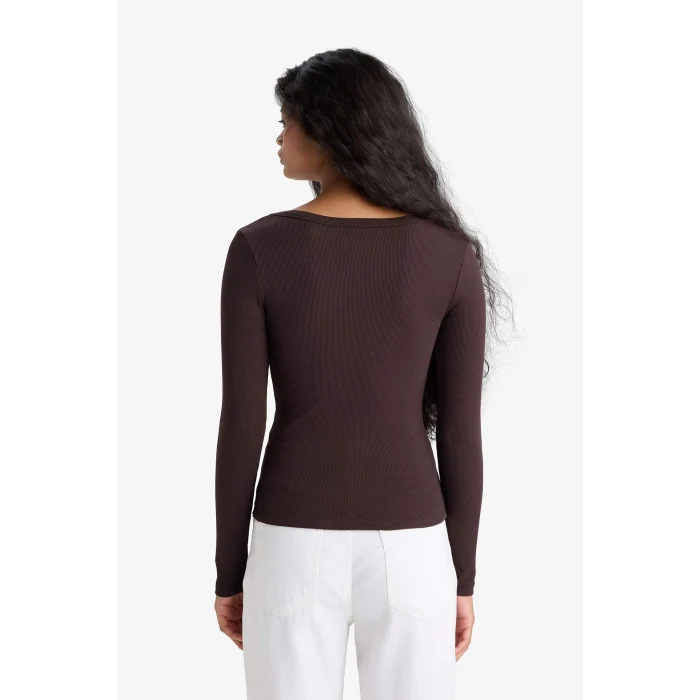 Defacto E5768AXBN340 Kahve Slim Fit Dar Kesim Yuvarlak Yaka Basic Düz Fitilli Kaşkorse Uzun Kollu Tişört