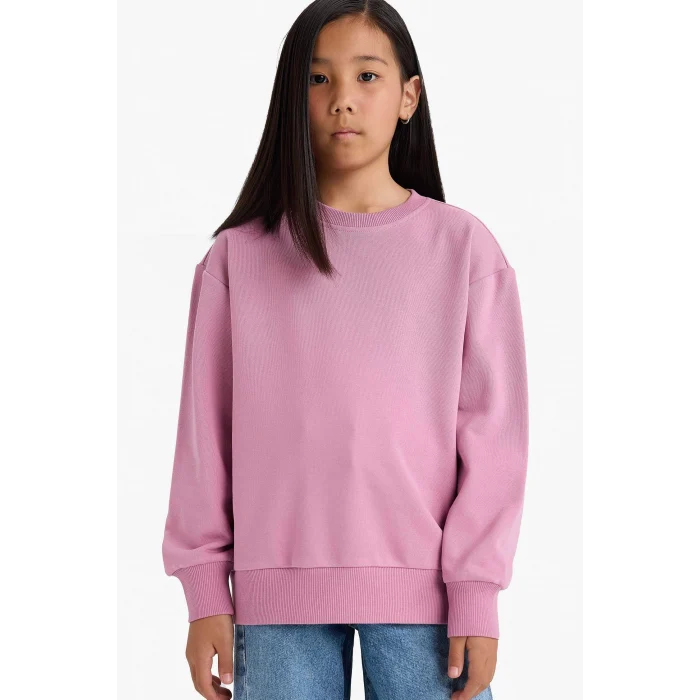 Defacto A2797A8PN455 Pembe Kız Çocuk Relax Fit Bisiklet Yaka Basic Düz Okul Sweatshirt