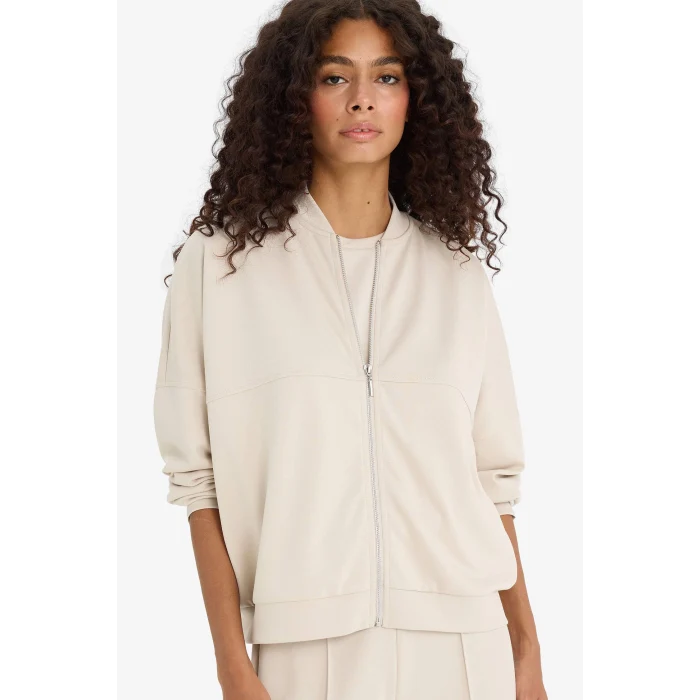 Defacto F1025AXBG757 Bej Kolej Yaka Fermuarlı Yumuşak Dokulu Modal Bomber Hırka