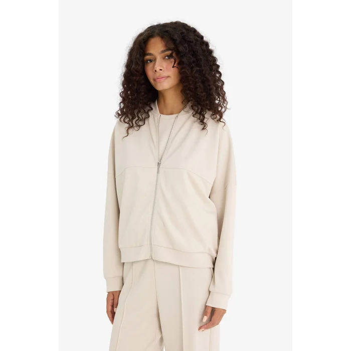 Defacto F1025AXBG757 Bej Kolej Yaka Fermuarlı Yumuşak Dokulu Modal Bomber Hırka