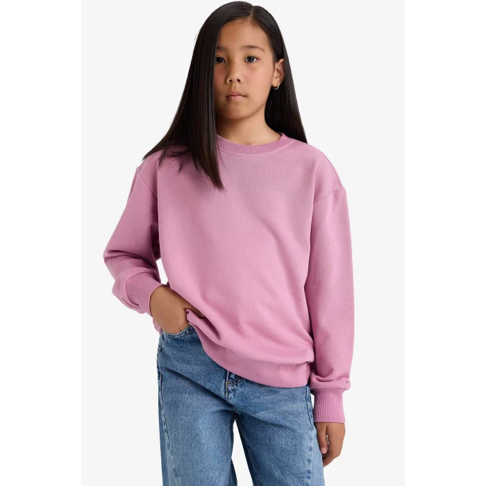 Defacto A2797A8PN455 Pembe Kız Çocuk Relax Fit Bisiklet Yaka Basic Düz Okul Sweatshirt