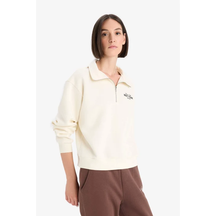 Defacto F1066AXBG759 Bej Regular Fit Yarım Fermuarlı Baskılı Kalın Sweatshirt