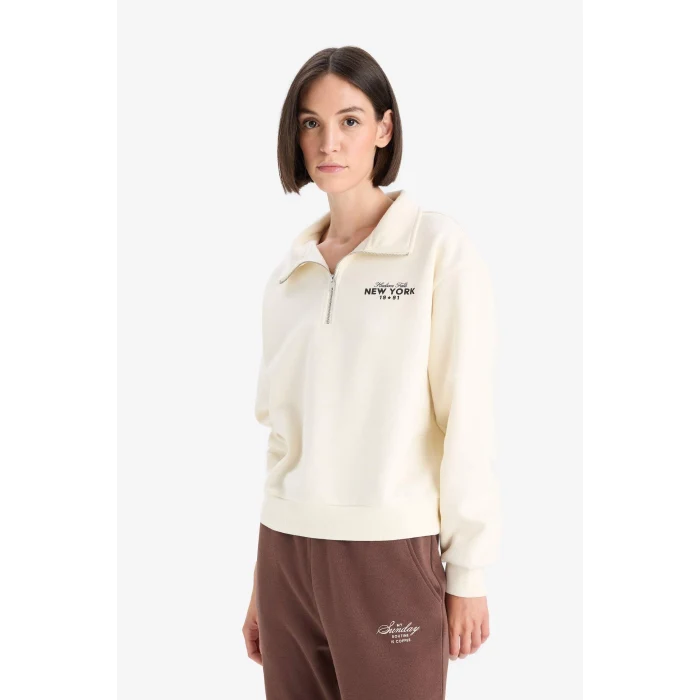 Defacto F1066AXBG759 Bej Regular Fit Yarım Fermuarlı Baskılı Kalın Sweatshirt