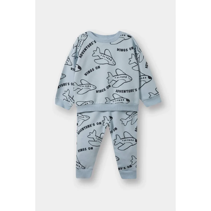 Defacto F0219A5BE523 Mavi Erkek Bebek 2li Takım Baskılı Sweatshirt Eşofman Altı