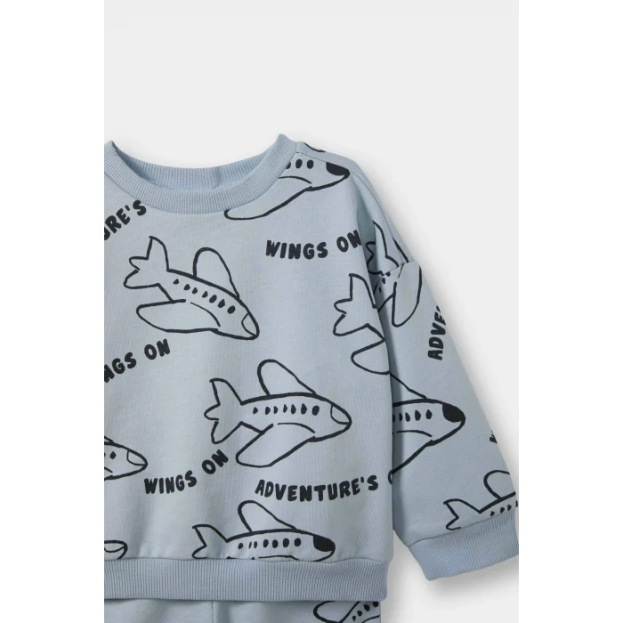 Defacto F0219A5BE523 Mavi Erkek Bebek 2li Takım Baskılı Sweatshirt Eşofman Altı