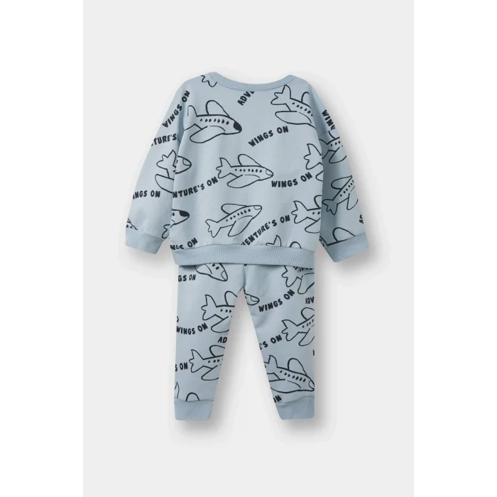 Defacto F0219A5BE523 Mavi Erkek Bebek 2li Takım Baskılı Sweatshirt Eşofman Altı